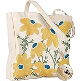 Miss Adola Embroidery Tote Bag with Pocket & Buckle - Reusable Canvas Tote for Women Cute Aesthetic Work Shopping Grocery Bag