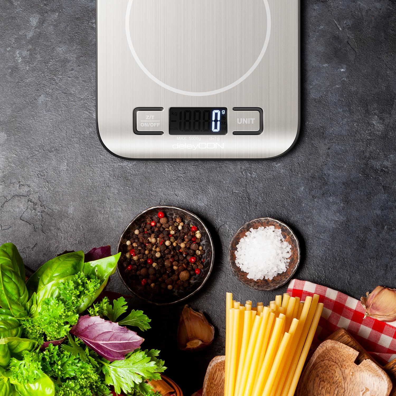 deleyCON Küchenwaage Digital, LCD-Display, Tara-Funktion (mit Batterien) bis 5KG, Digitalwaage, Briefwaage, auf 1g genau, Backen Kochen Messen von Zutaten Diät Fitness Schmuck, klein und flach, Silber 5
