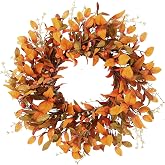 Sggvecsy Artificial Fall Wreath 21’’ Autumn Front Door Wreath with Fall Leaves Small Pumpkins Cluster of Berries for Outside