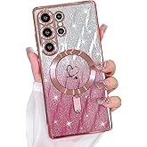 Bonoma Glitter Case for Samsung Galaxy S25 Ultra [ Compatible with MagSafe ], Plating Heart Magnetic Leaves Pattern Bling Case,Camera Protection Sparkly Slim Soft Back Cover for Women Girls,Pink