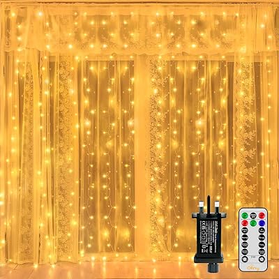 Ollny 300LED Curtain Lights 3x3m Mains Powered Waterfall with Remote 8 Modes