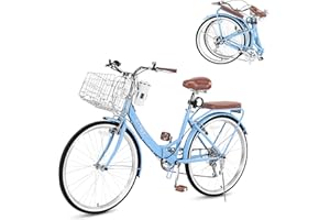 BGGFNZ 24/26 Inch Beach Cruiser Bike for Women Folding Bikes, 7-Speed Womens Bike with Basket and Coffee Cup, Womens Foldable Bicycle Commuter Bikes for Adults, Adjustable Seat & Dual V-Type Brakes