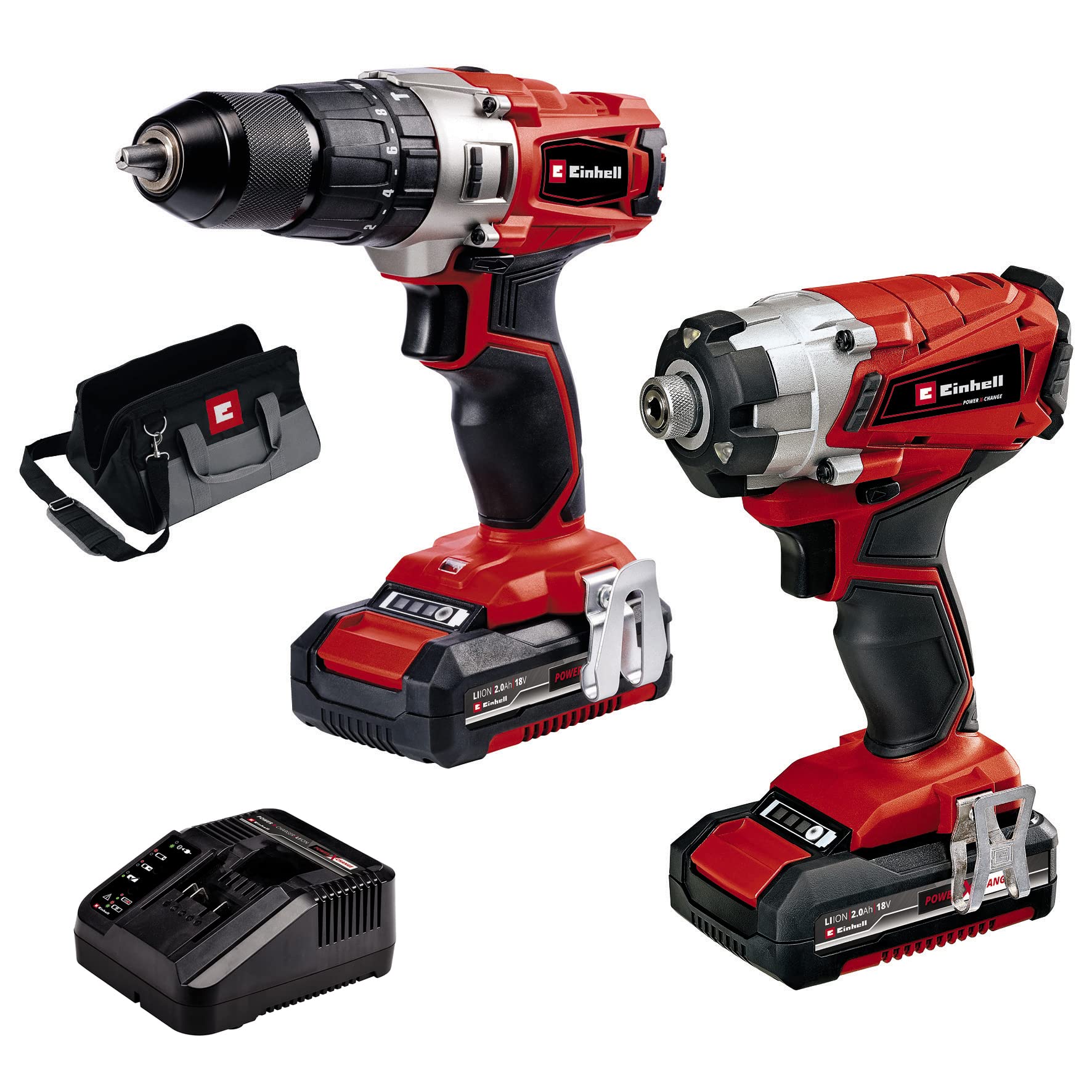 Einhell Cordless Drill and Impact Driver Set with 2 x Batteries, Charger and Storage Bag 18V Power X-Change, Brushless Combi Drills and Driver Sets Cordless TE-CD 18/44 Li-i + TE-CI 18/1 Li