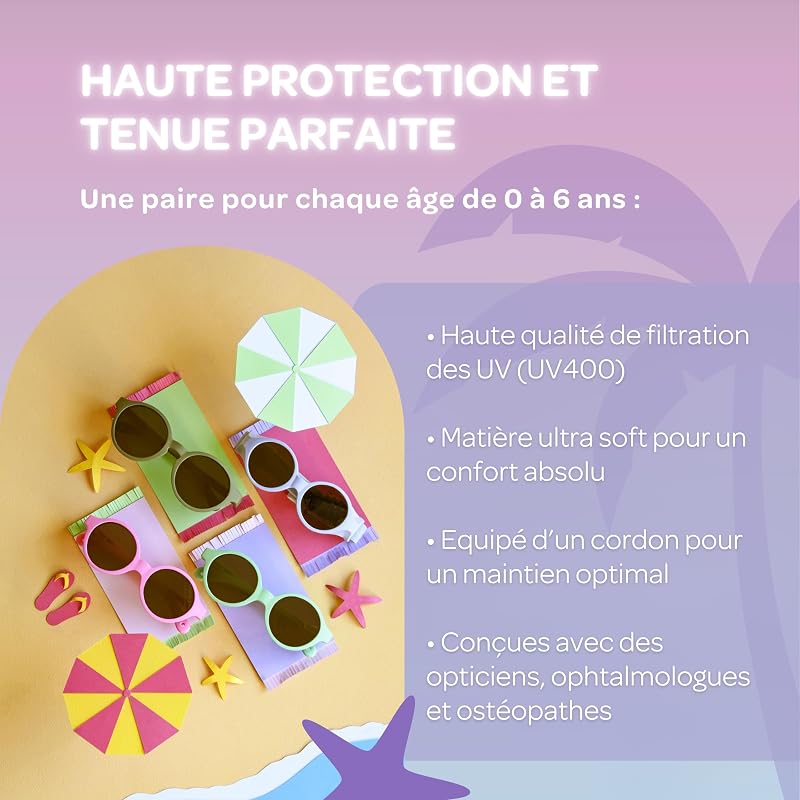 , Lunettes de soleil pour bébé 9-24 mois, Protection 100% UV - CAT 3, Protection Latérale, Confort Optimal, Branches ajustables 360°, Joy, Rose Néon