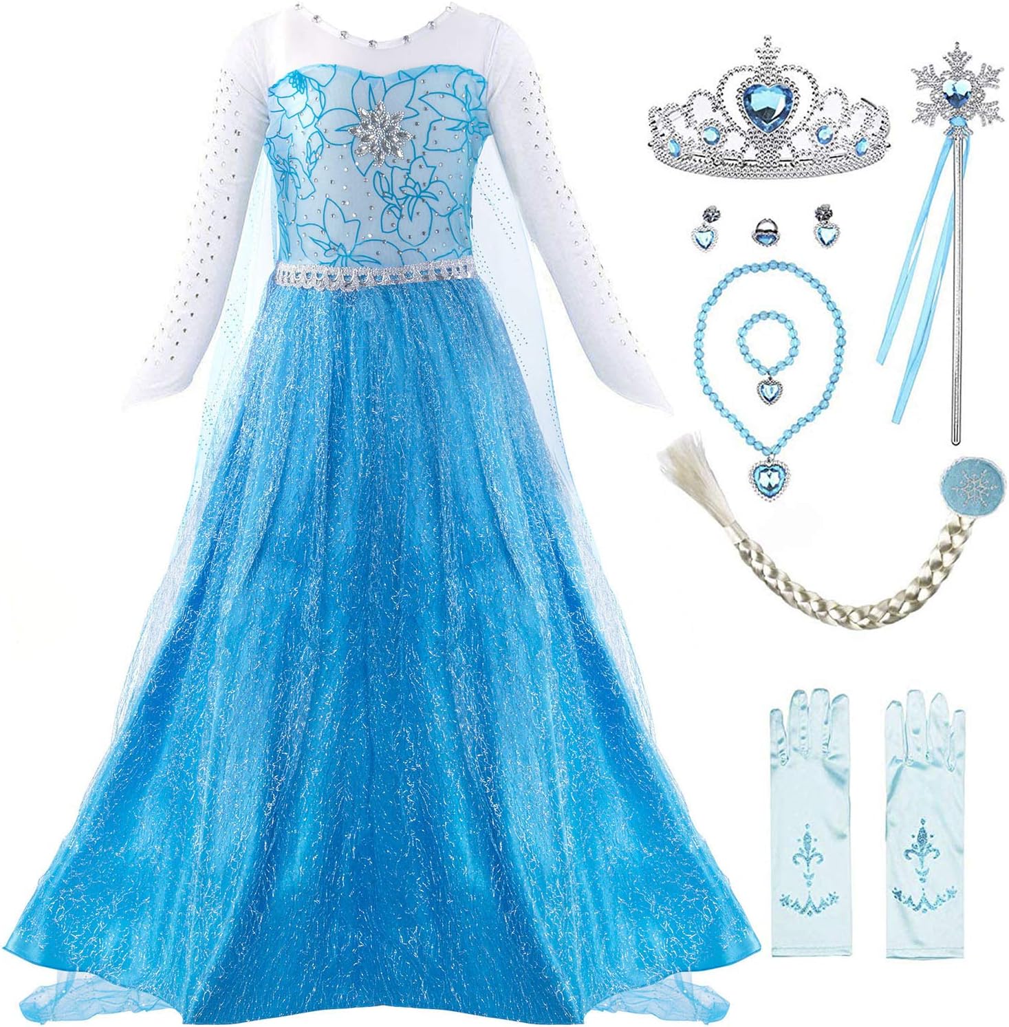 KABETY Girls Princess Anna Dress Snow Queen Elsa Costume Party Dress (6 Years, Blue with Accessories)