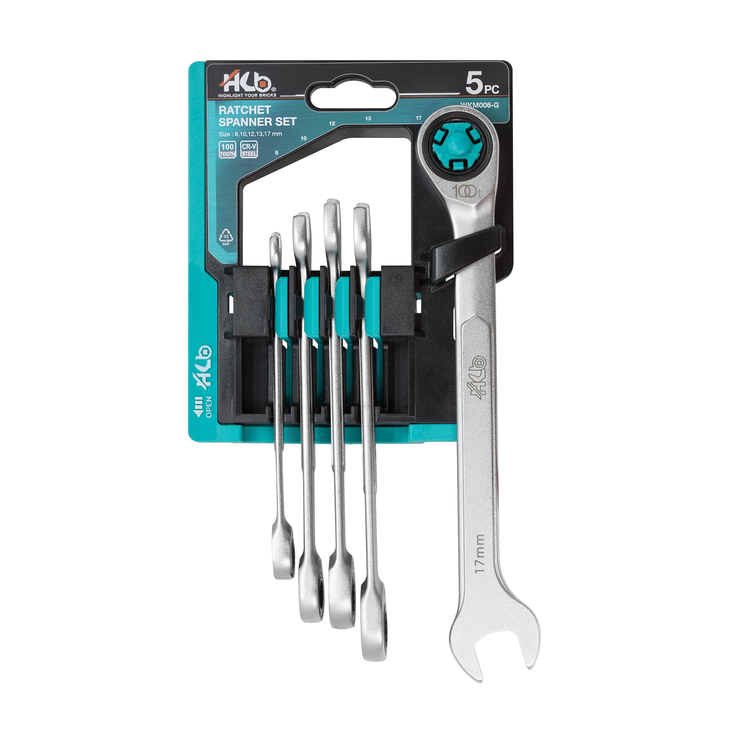 HB 5 Piece Ratchet Spanner Set Metric 100 Tooth 12 Point Box End 15° Angled Head Reversible Combination Wrenches with Storage Rack Chrome Vanadium Steel Professional Tools Made in Taiwan WKM006-G