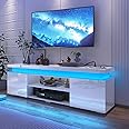 Hlivelood LED TV Stand for 75 Inch TV, Modern TV Stand with Power Outlet, High Gloss TV Console Entertainment Center with Storage and LED Lights for Living Room, Bedroom (66 Inch, White), UDKSE1883