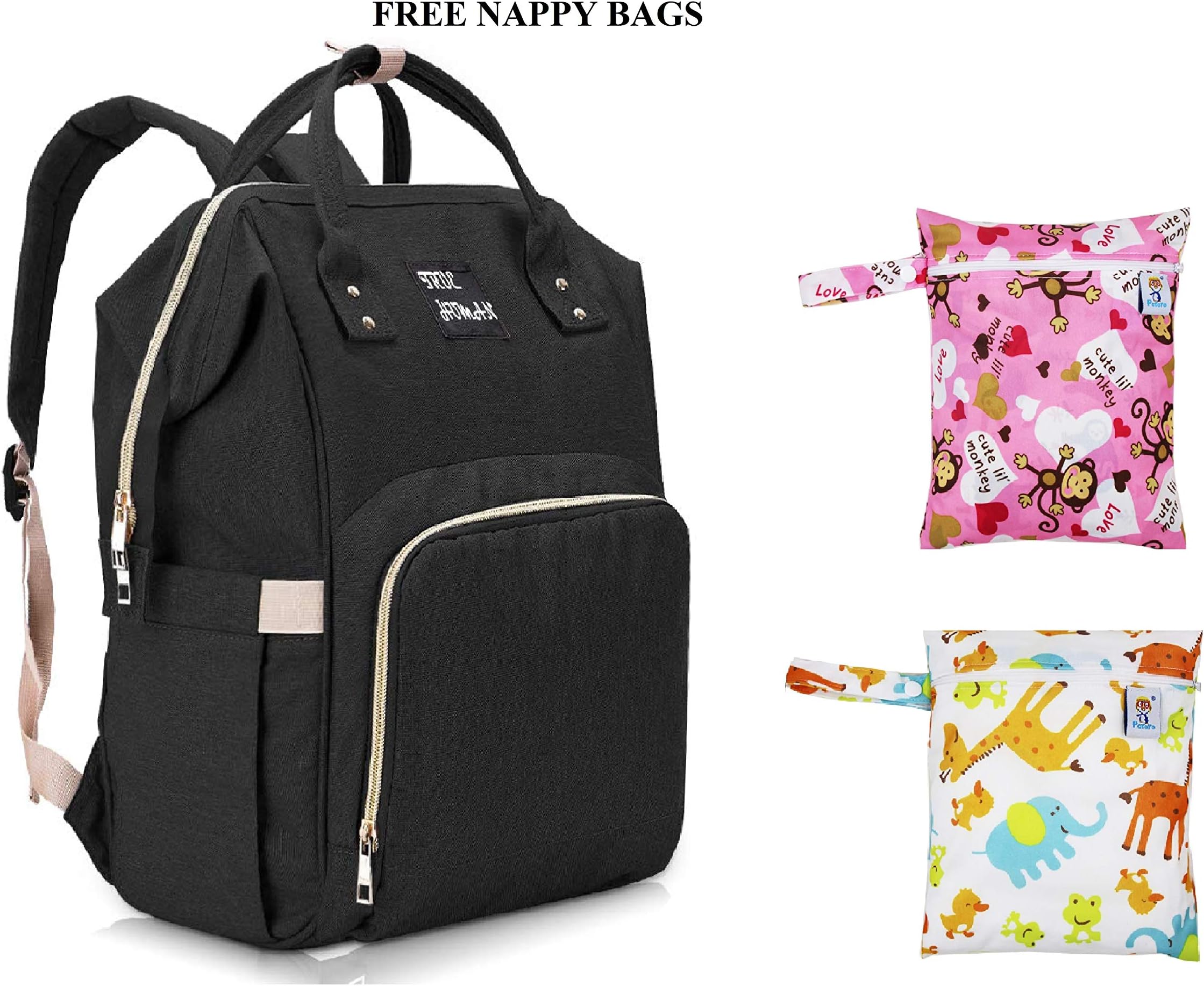 True Human Waterproof Multifunctional Diaper Backpack with Free Nappy Bags (Black)