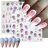 2 Sheets Summer Nail Art Stickers 5D Embossed Beach Shell Starfish Cute Dolphin Mermaid Pearl Jellyfish Designs Self Adhesive Nails Supplies Blue Summer Sea Theme Manicure Decorations for Women