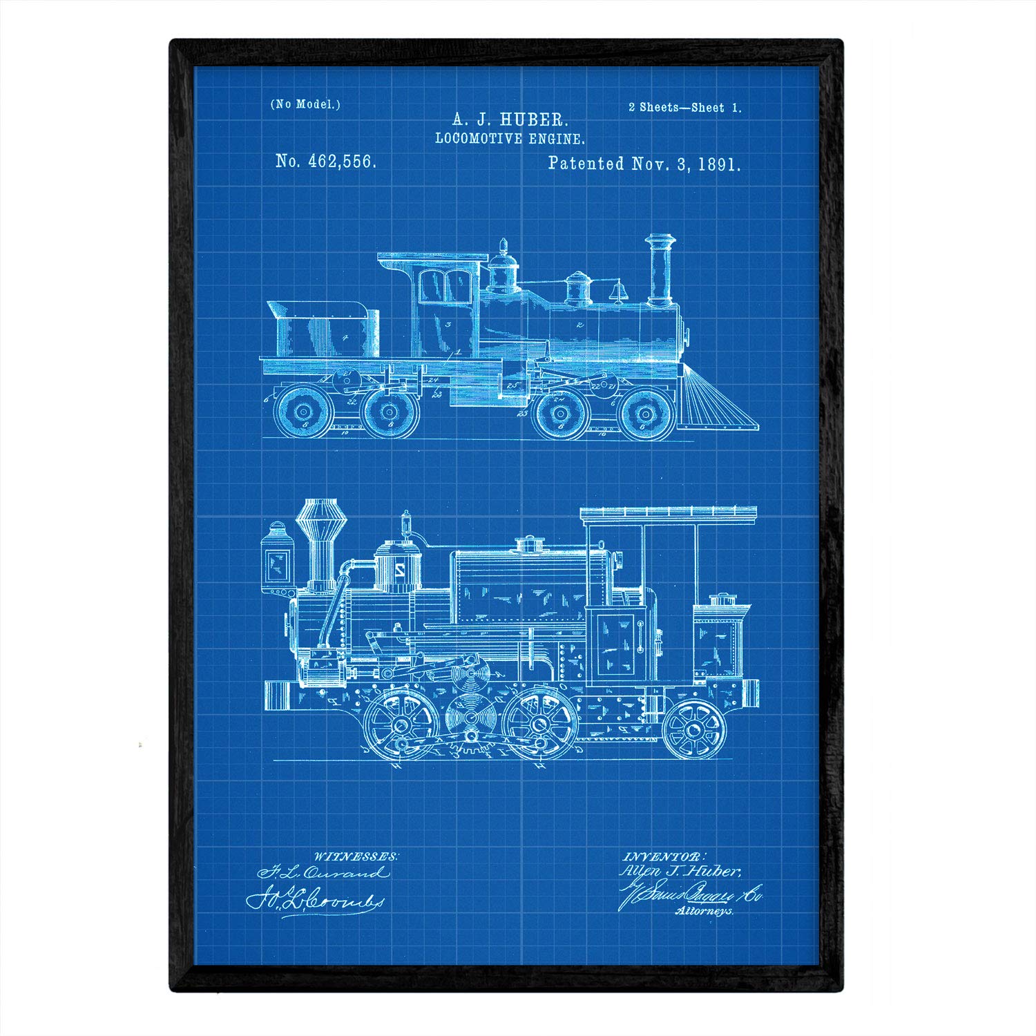 Nacnic Poster patent Locomotive. Sheet with old design patent A3 size with blue background
