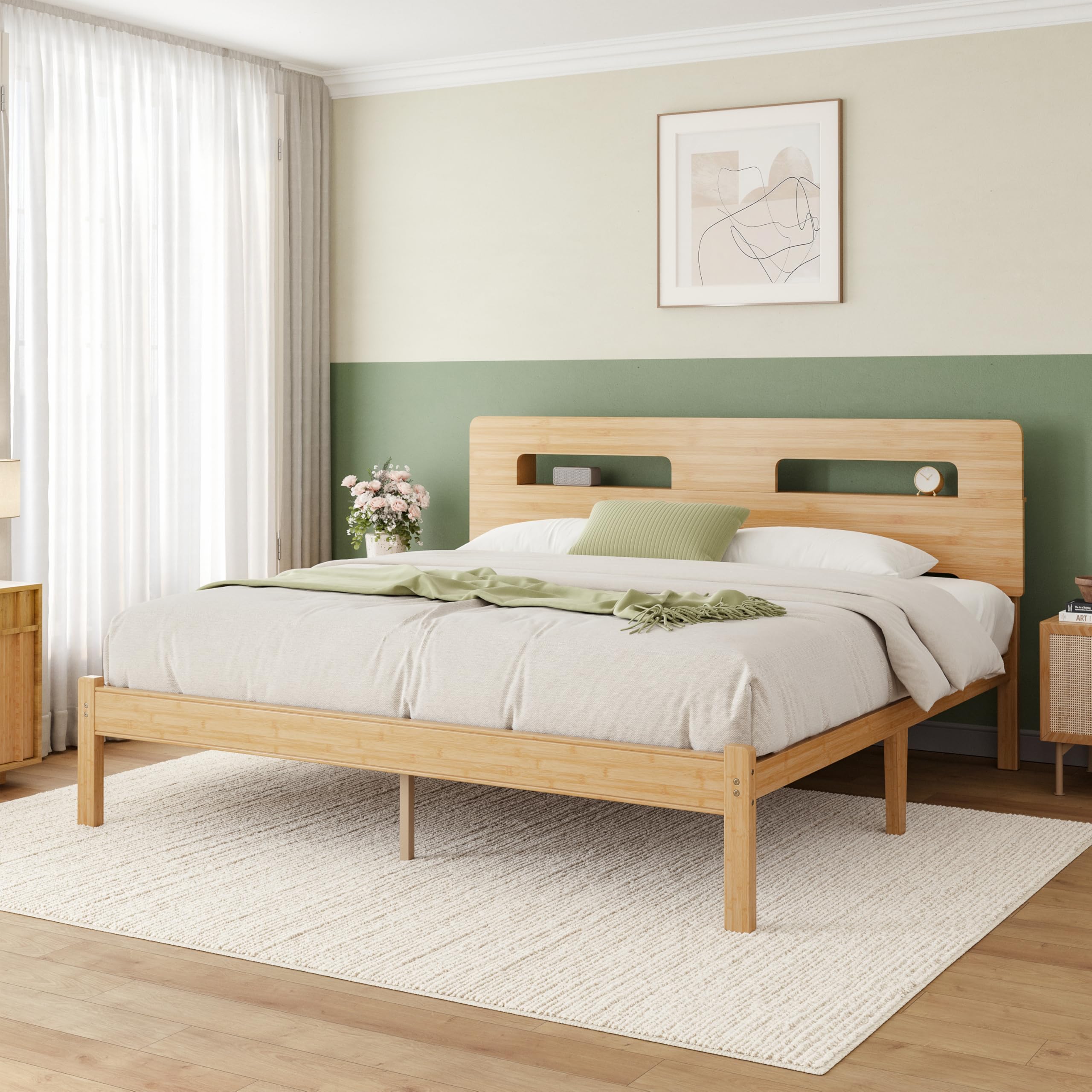 Photo 1 of ZIYOO Solid Bamboo Wood King Size Bed Frame with Storage Headboard, 14 inch Platform King Bed Frame No Box Spring Needed with Steel Slats, Sturdy and Stable, Easy Assembly, Noise Free