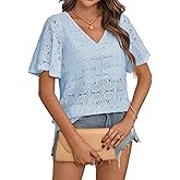 Women's Floral Embroidered Lace Top, Crochet Eyelet Dressy Feminine Summer Tee, Hollow Out, V-Neck, Belly Sleeves, Loose Fit
