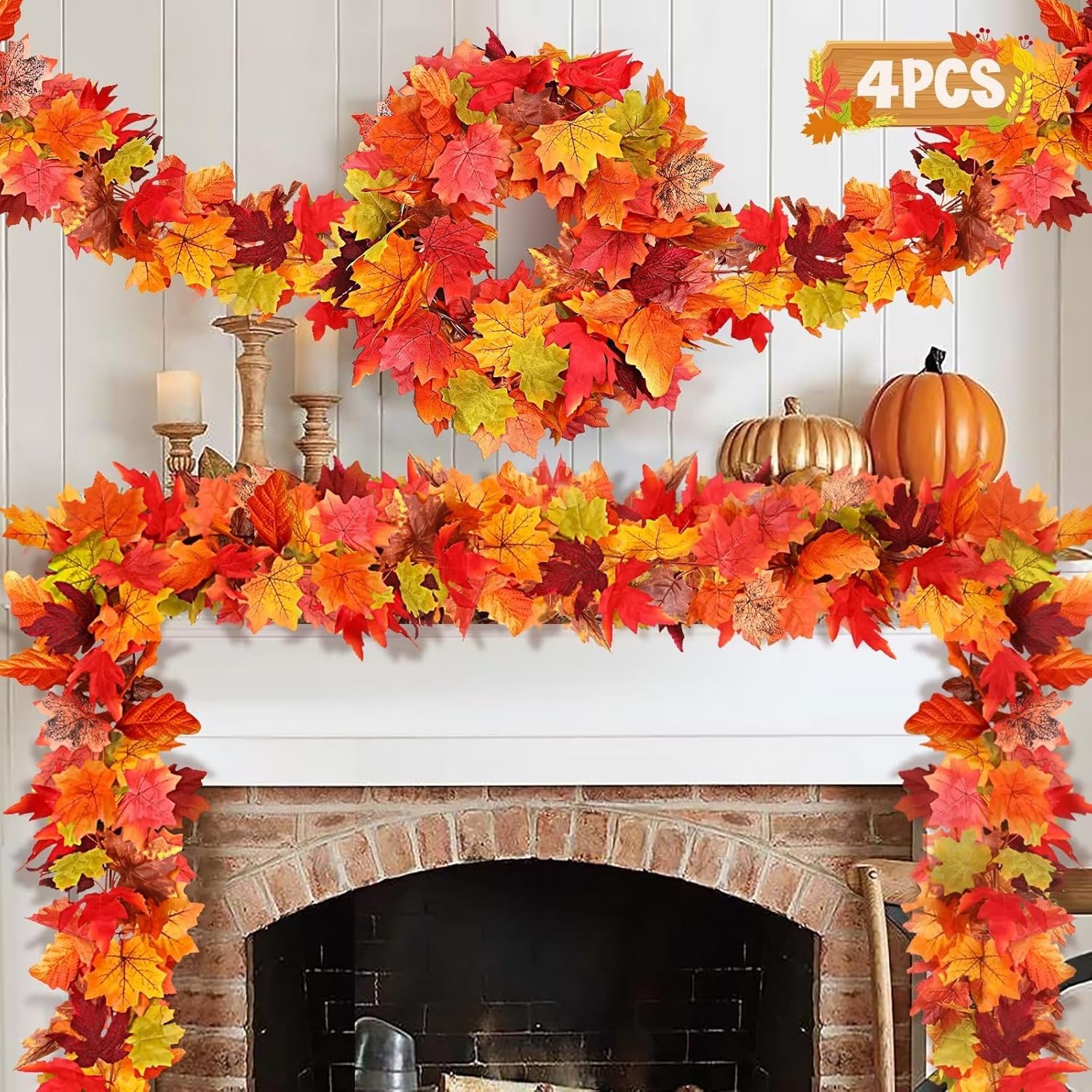 Wreaths, Garlands & Swags - Palmatte 4 Pack Thanksgiving Fall Decorations for Home Porch, 5.8ft Indoor Outdoor Fall Decor Autumn Harvest Garland Leaves Fake Vines Room Decor Wedding Party Friendsgiving Decorations (Multicolor)