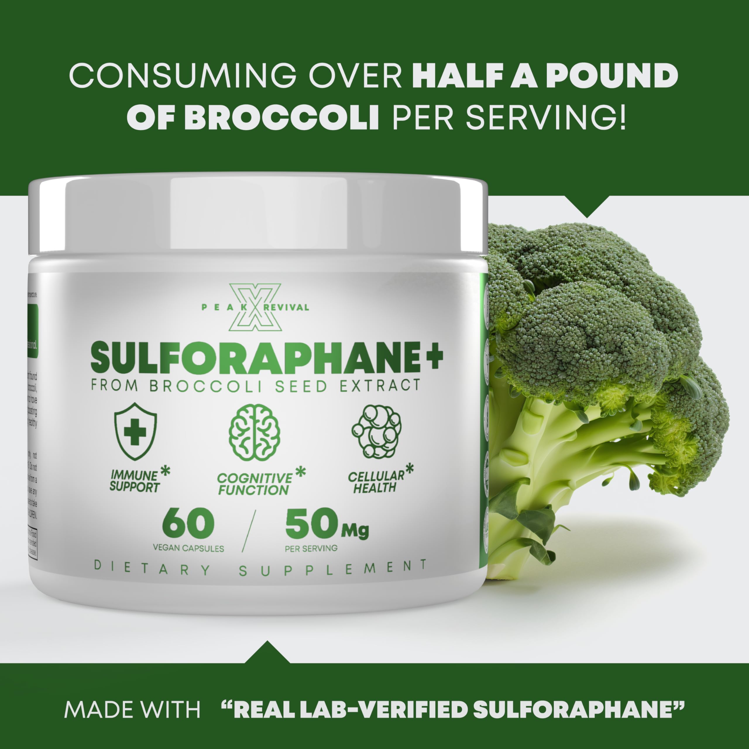Peak Revival-X 5000mcg of Real Lab-Verified Sulforaphane Supplement - Broccoli Seed Extract 50mg Supplements - Promotes Cognitive Function, Liver & Cellular Support - 60 Vegan Capsules/Pills