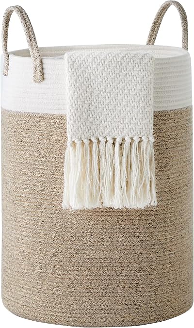 YOUDENOVA Woven Laundry Basket 50cm Handle Cotton Rope 58L White Brown
