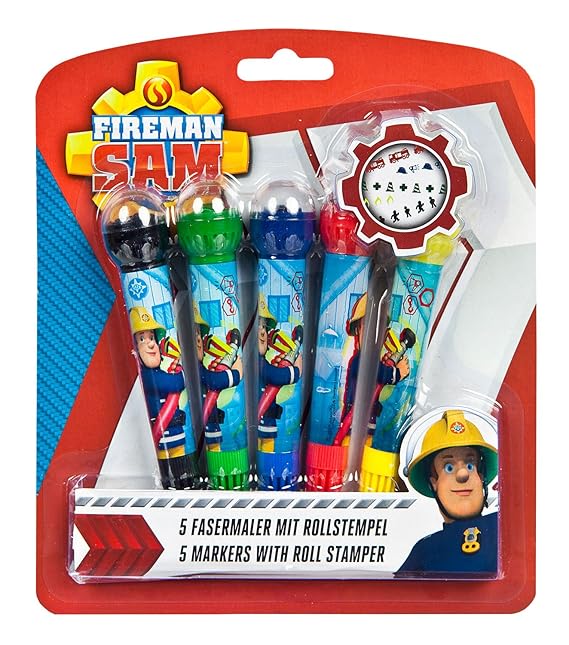 Undercover FSTU0740 - Feuerwehrmann Sam Fasermaler mit Rollstempel, 5 Stück