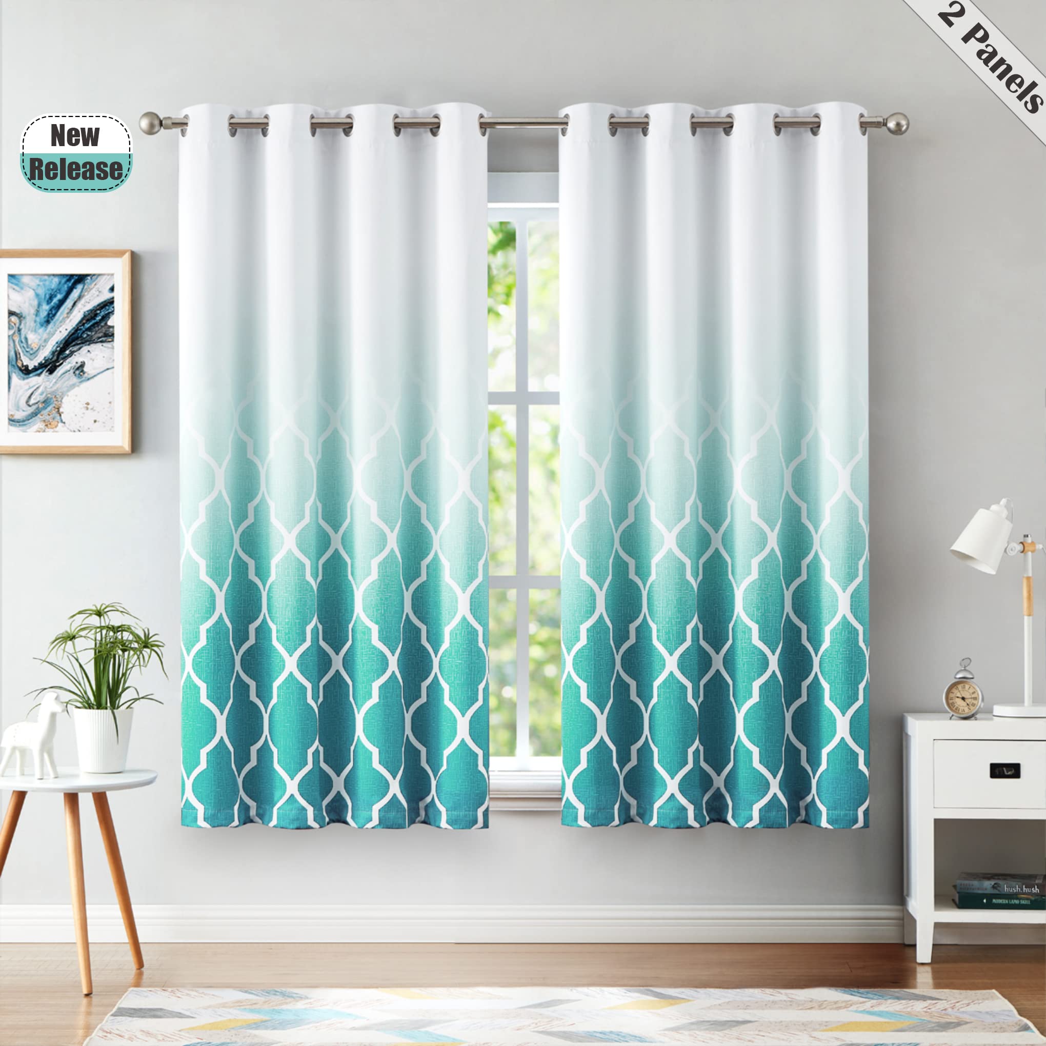 Beauoop Blackout Curtains for Bedroom Teal Ombre Curtains 54 Inch Drop Geometric Print Eyelet Curtain for Living Room Darkening Thermal Insulated Window Curtain Drapes 2 Panel