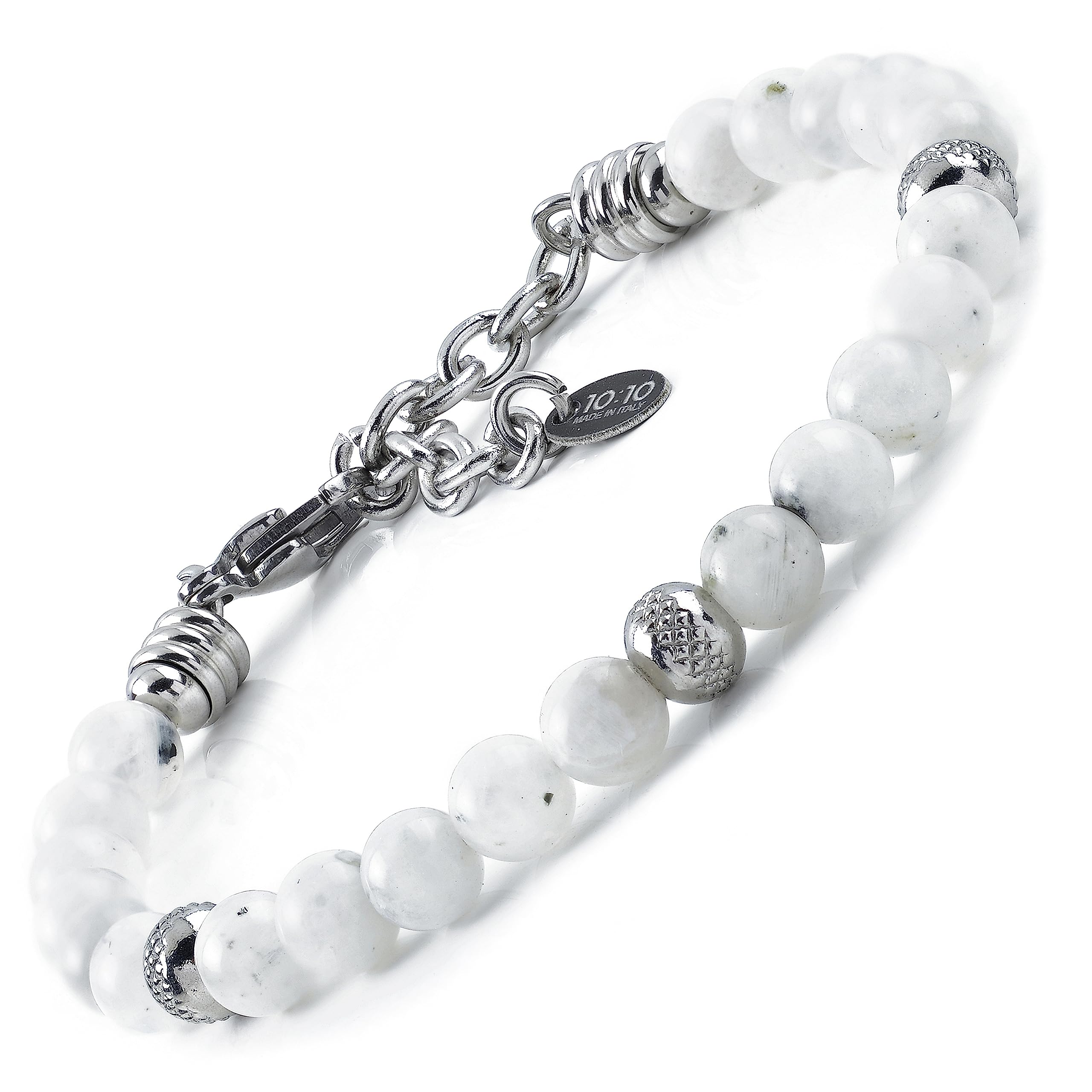 10:10 Jewels Men's and Women's Bracelet with 0,25 inch Natural MoonStones, Male or Female Bracelet with Diamond Beads in Stainless Steel and Very Resistant, Made in Italy