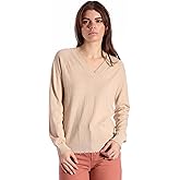 Minnie Rose Women's Long Sleeve Cotton Cashmere Frayed Edge V-Neck Sweater