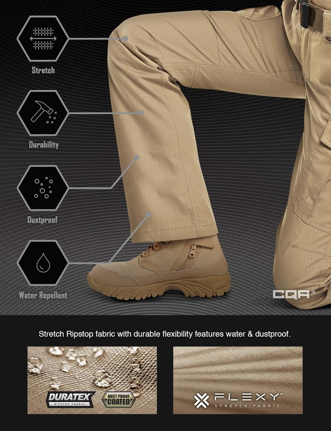 CQR Women's Flex Stretch Tactical Pants, Water Repellent Ripstop Work Pants, Elastic Waist Straight/Cargo Pants with Pockets: Clothing