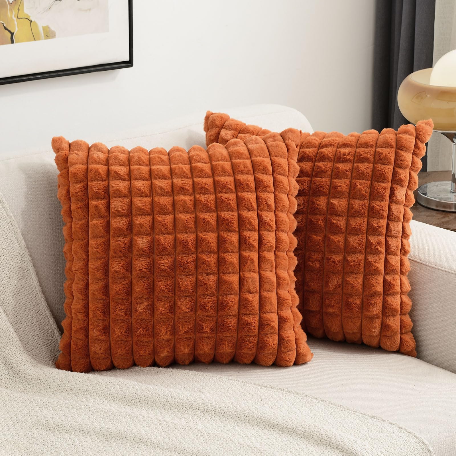 Photo 1 of FUTEI Burnt Orange Decorative Throw Pillow Covers 18x18 Inch Set of 2,Square Cushion Case,Fluffy Faux Rabbit Fur Plaid & Soft Velvet Back,Modern Home Decor for Couch Bed