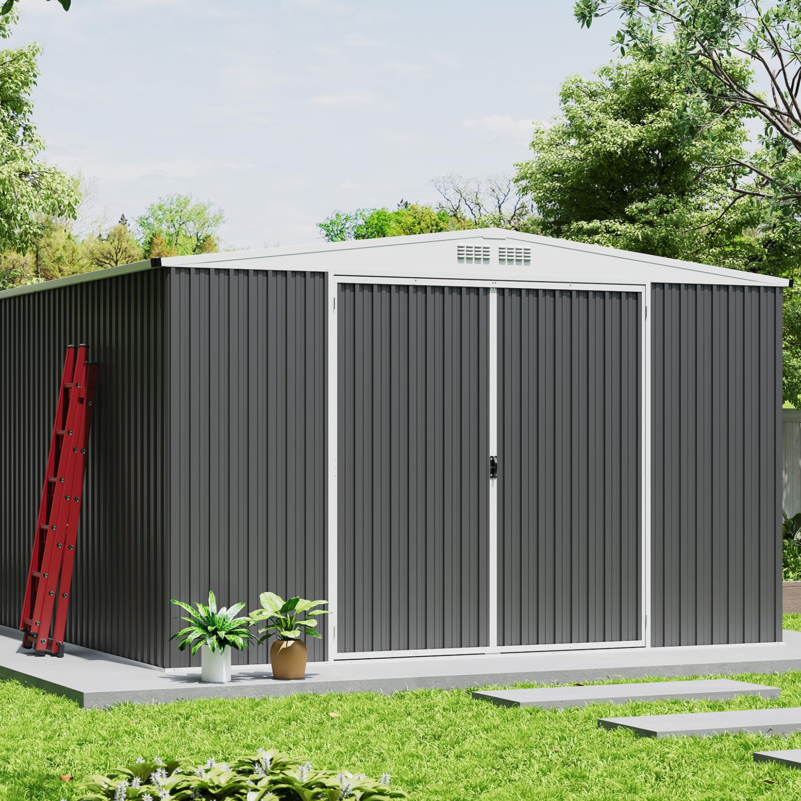 Photo 1 of ** only 1 box , missing parts **  8.9x12.6 Shed for Outdoor Storage, Galvanized Steel Metal Tool Sheds House with Lockable Doors, Lock & Air Vent, Large Utility Sheds for Patio Garden Lawn (Grey)