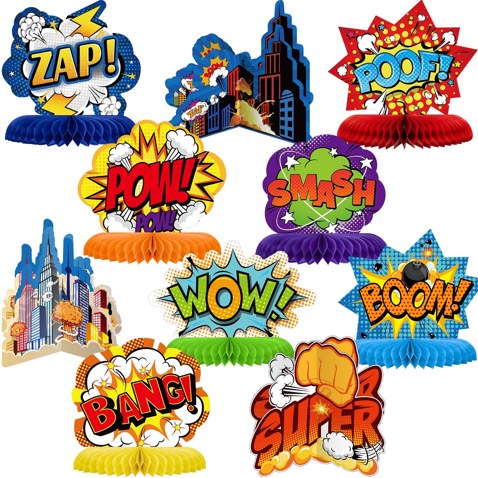 Photo 1 of 10 Pieces Hero Themed Party Decorations Honeycomb Centerpieces Action Sign Table Topper Sign Standing Cards for Birthday Party Baby Shower Decor Supplies