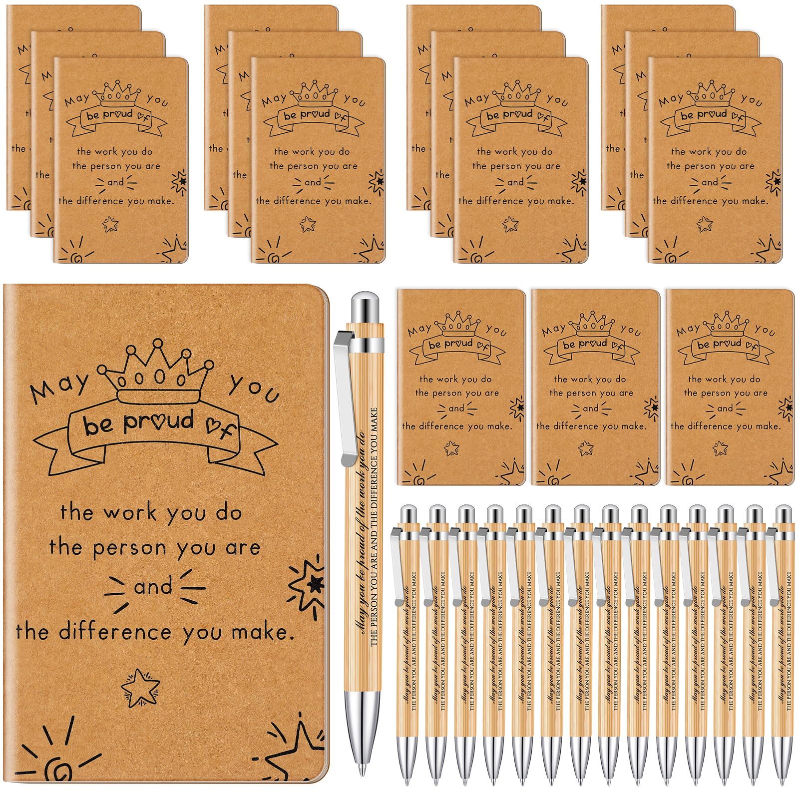 Tenare 32 Pcs Employee Appreciation Gifts Bulk Include 16 Kraft Inspirational Notebooks Small Pocket Journal Notepads and 16 Motivational Pens Bamboo Ballpoint Pens for Women Teacher Coworker