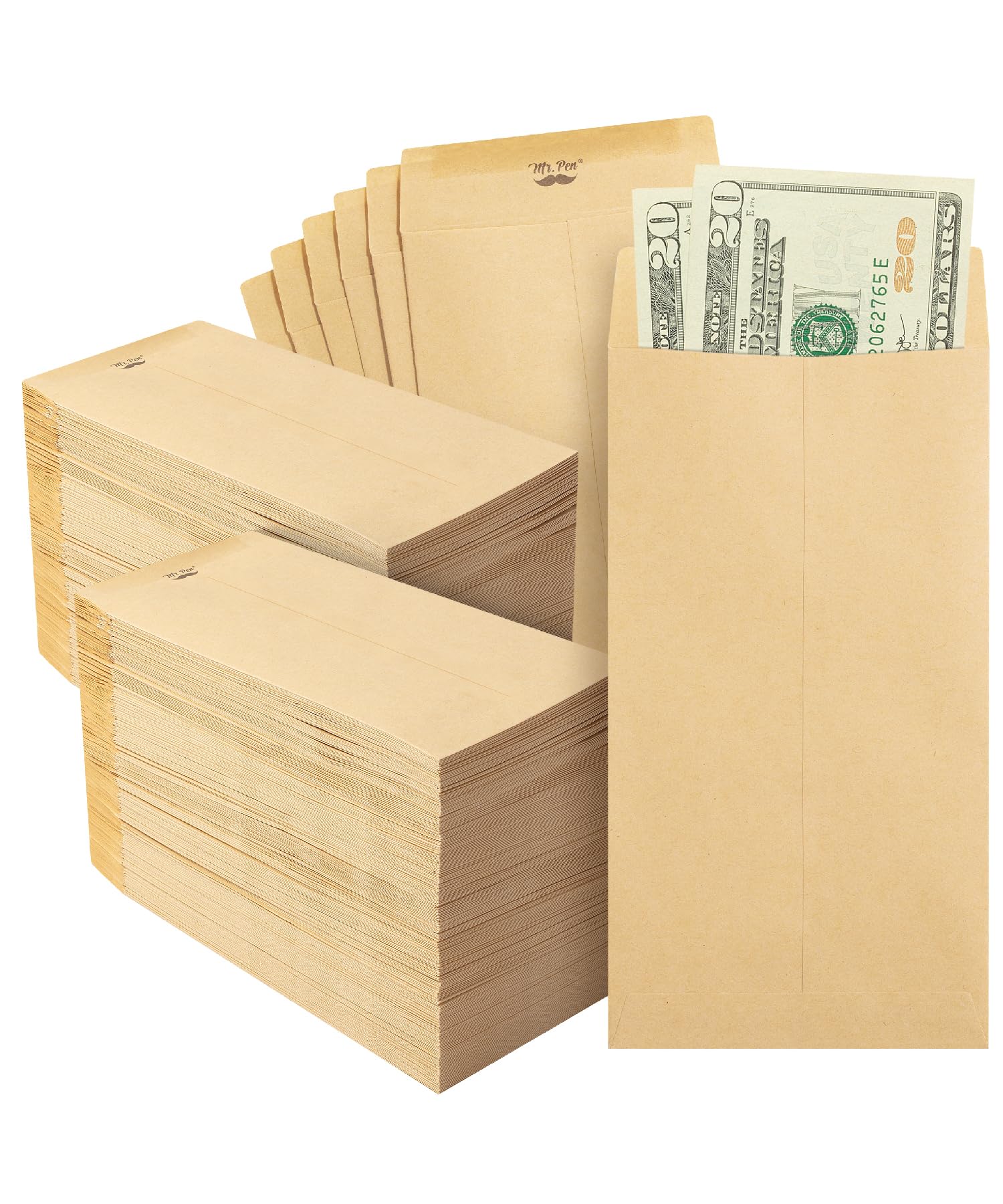 Mr. Pen- Money Envelopes for Cash, 6.5" x 3.5", 500 Pack, Bulk Brown Kraft Paper, Cash Envelopes for Money Image