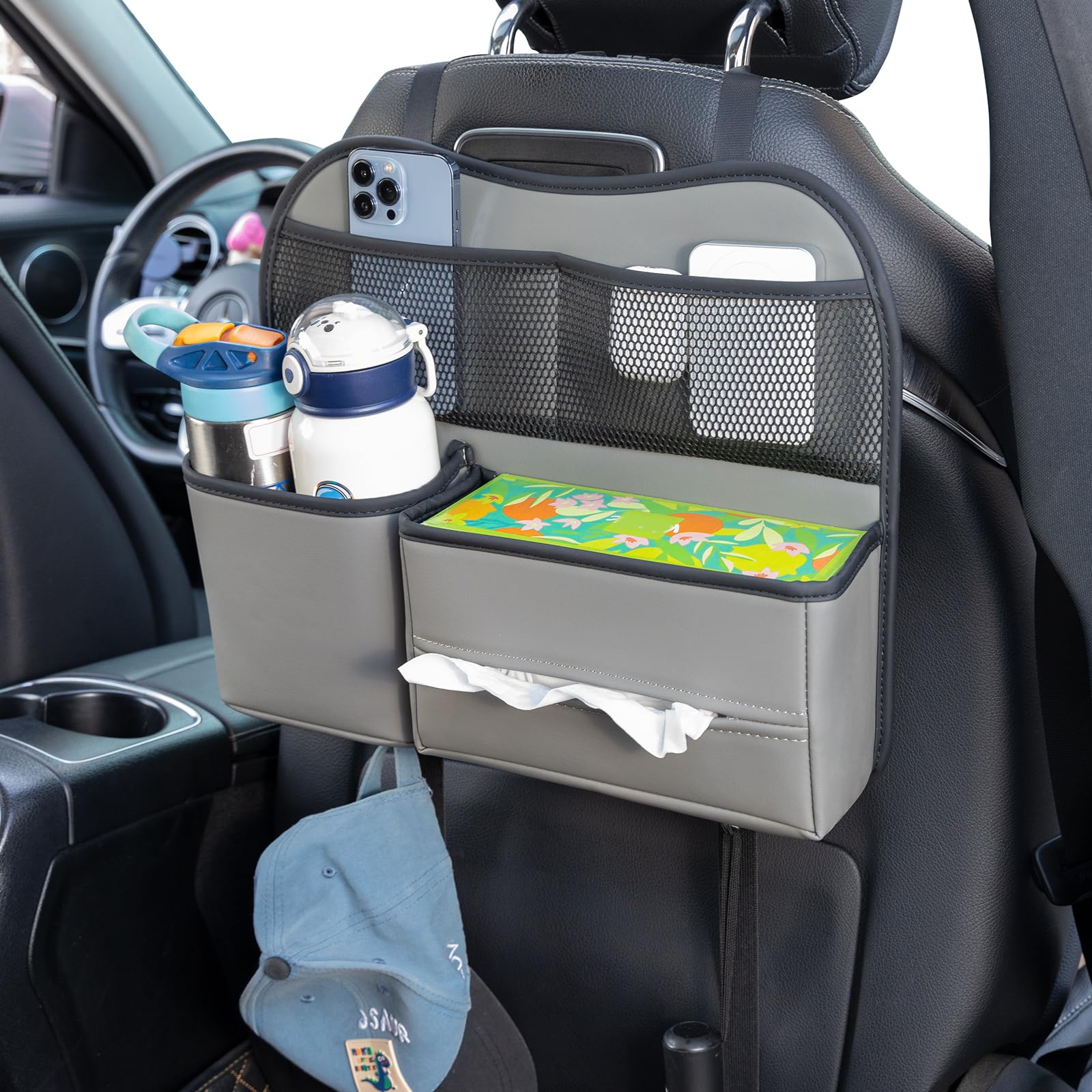 Photo 1 of Large Leather Car Backseat Organizer – Multi-Pocket Storage for Tissue Box, Water Bottle, Phone, Snacks & Travel Accessories, Universal Fit for Car Seat Back, Grey