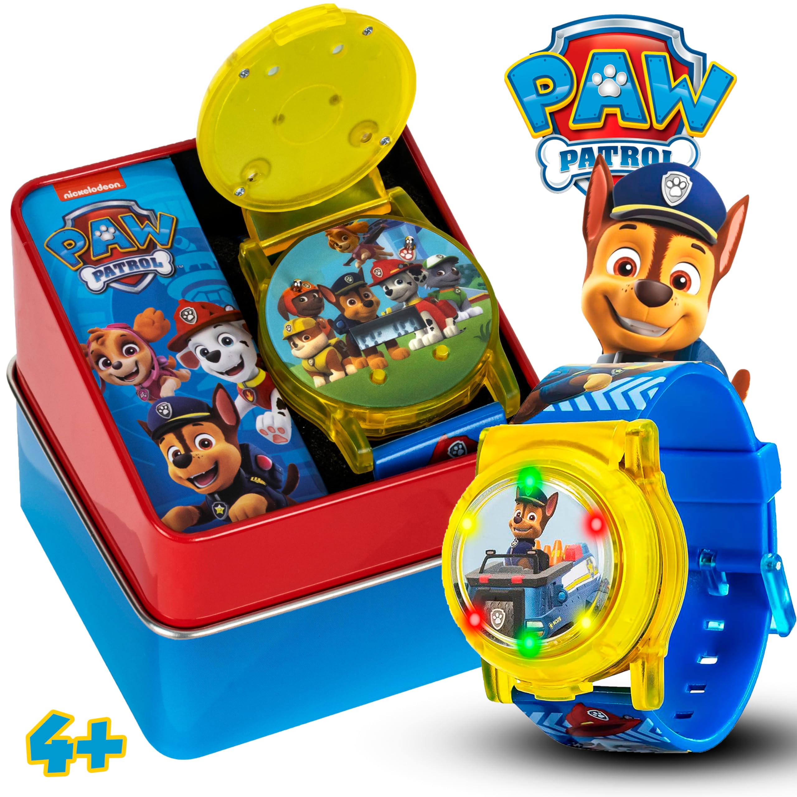 Nickelodeon Paw Patrol Pop-Open LCD Watch for Kids with Flashing Lights, Full-Color Character Strap, Dual-Layer Dial Design, Gift Tin Box Packaging, Fits Wrists 5.5