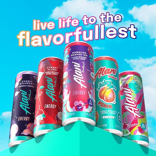 ALANI NU VARIETY PACK CHERRY SLUSH, JUICY PEACH, HAWAIIAN SHAVED ICE SUGAR FREE, LOW CALORIE ENERGY DRINKS, 200MG CAFFEINE, BIOTIN B VITAMINS, ZERO SUGAR, 10 CALORIES, 12 FL OZ CANS, 12 PACK