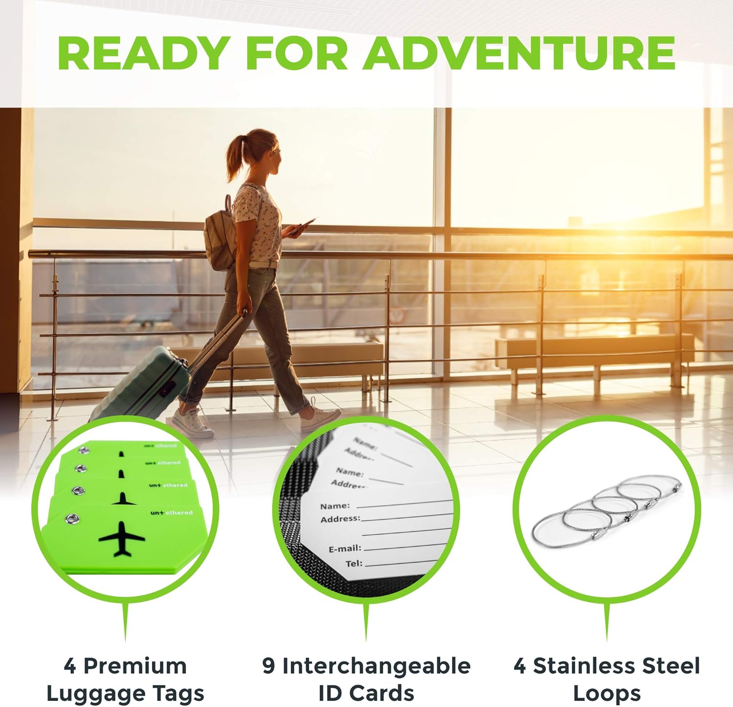 Untethered Luggage Tag Set | 4 Pack Flexible & Bright Silicone Baggage Tags for Travel & Suitcases. Includes Name Cards with Partial Privacy Cover & Stainless Steel Loops for Secure Fastening (Green): Office Products