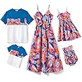 PATPAT Family Matching Outfits Mommy and Me Dresses Hawaiian Tropical Vacation Beach Spaghetti Strap Dress and Shirt