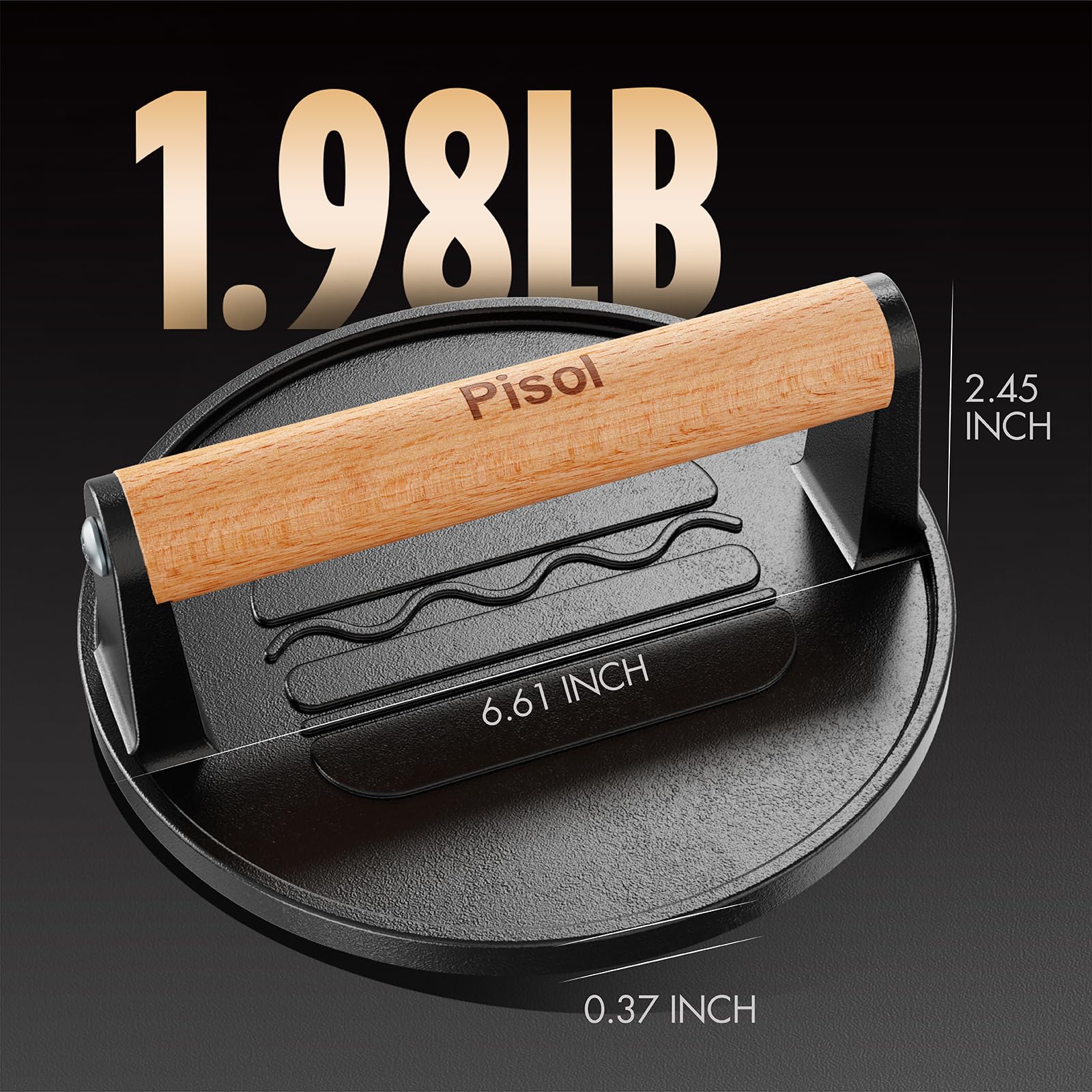 Pisol Smash Burger Press, Pre-Seasoned Cast Iron Hamburger Smasher, 2 lb Heavy-Duty Grill Bacon Meat Press Tool with Wood Handle, 6.6”