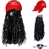 Oiziuzio Halloween Pirate Costume Wigs Set Women Adult Captain Cosplay Costume Hair Accessories Long Black Curly Wigs with Headscarf Blindfold Dress Up Party