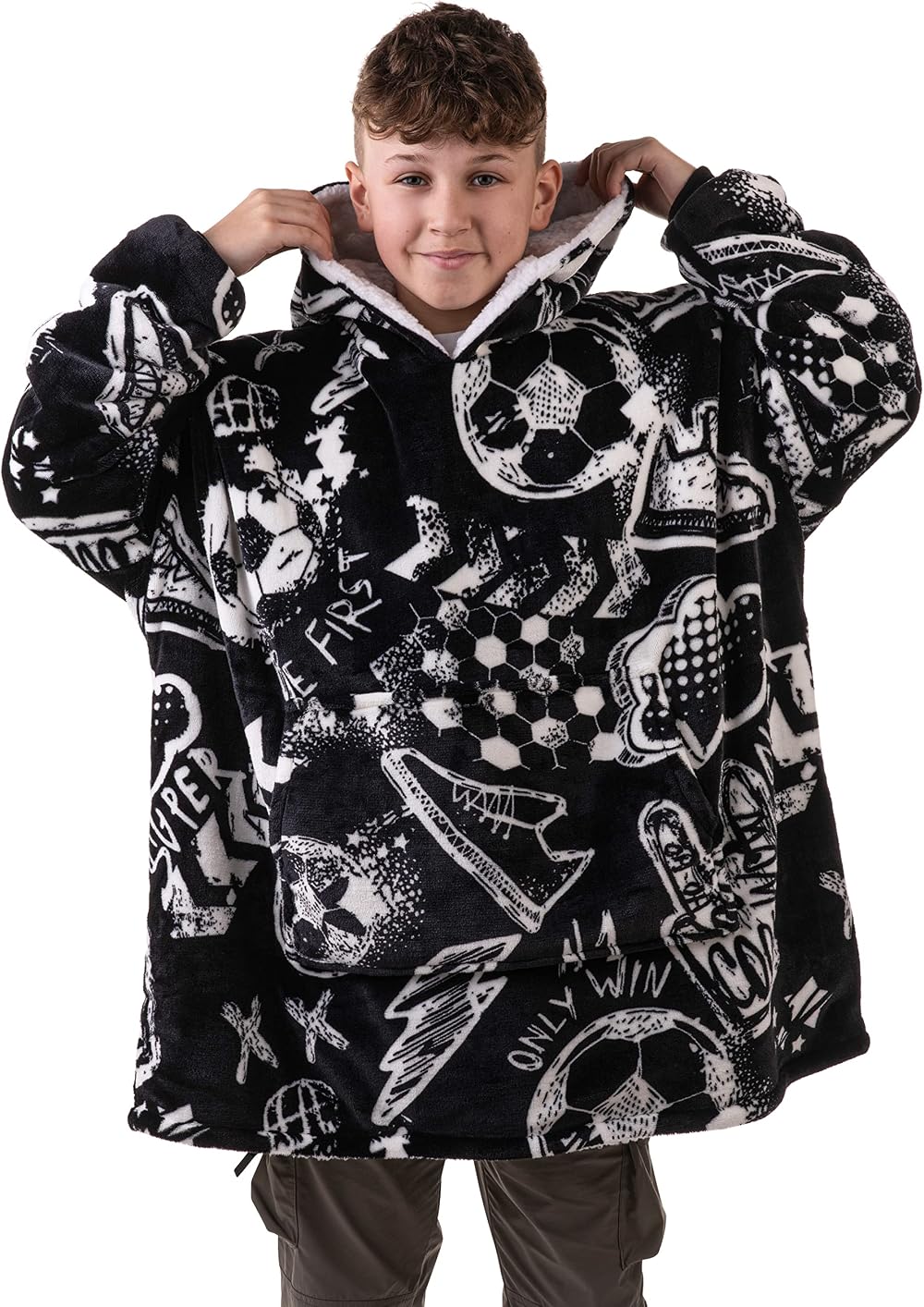 The Big Softy The Big Softy Kids Blanket Hoodie Graphic Football Black