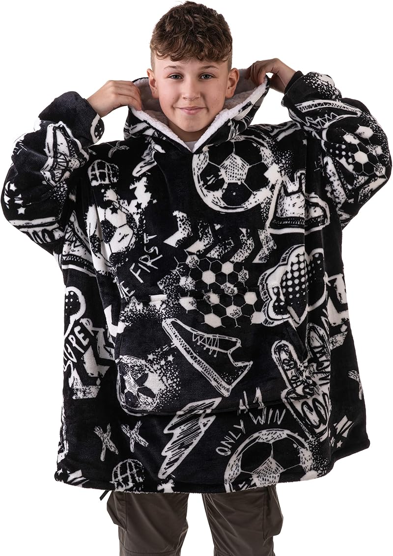 The Big Softy The Big Softy Kids Blanket Hoodie Graphic Football Black