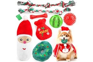 EZIYIN Christmas Dog Toys 9 Pack, Luxury Santa Puppy Chew Toy, Cotton Squeaky Plush Toys for Small Dogs, Durable Interactive Rope Treat Dog Ball and Bones, Rubber Teething Toys for Dogs Gifts