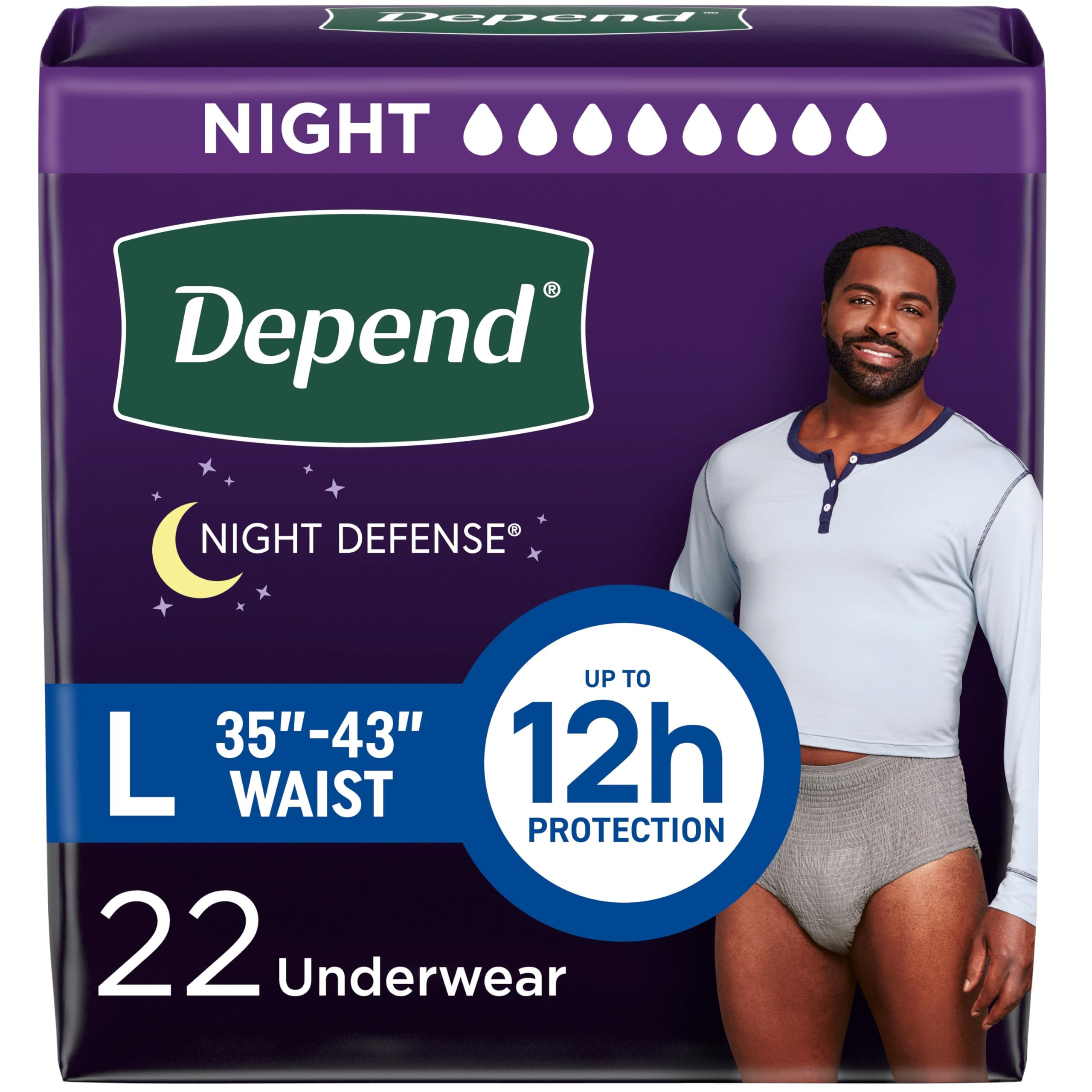 Photo 1 of Depend Night Defense Adult Incontinence Underwear for Men, Disposable, Overnight, Large, Grey, 22 Count, Packaging May Vary