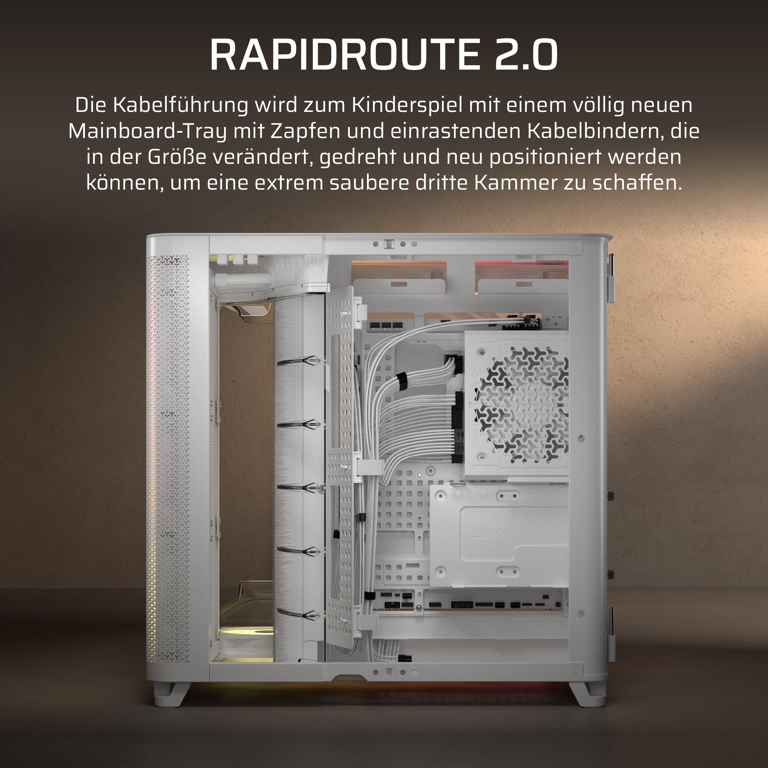 CORSAIR AIR 5400 RS-R ARGB Dreifach-Kammer-Mid-Tower PC-Gehäuse – 3X Vorinstallierte Reverse-Rotor RS120-R ARGB-Lüfter, Luftkanäle für Starke Kühlung, Reverse Motherboard-Unterstützung – Weiß 8