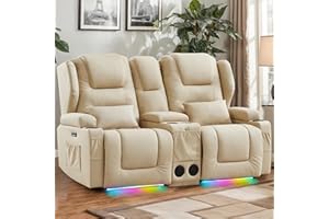 DRMBOOK RV Power Loveseat Recliner Sofa, Leathaire Fabric Wall Hugger Reclining Sofa with Console, Home Theater Seating Chair with Cup Holders, 2 Person Couch RV Furniture for Living Room, Beige