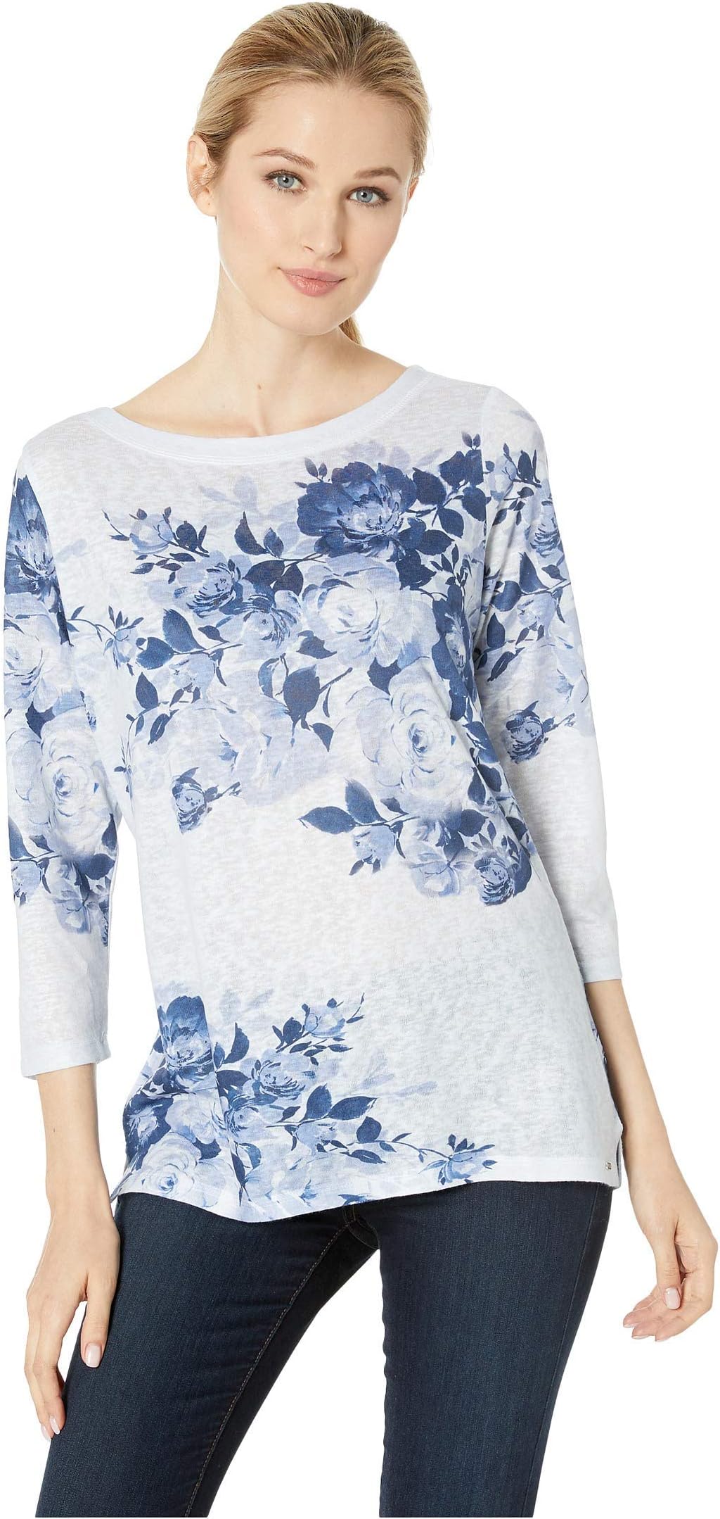 Jeans Women's Printed Smooth Jersey Blue Tone Rose Boat Neck Top