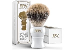 BRV MEN Pure Badger Shaving Brush LARGE (24mm knots) - Heavy Resin Handle - Use with Double-Edge Safety Razor, Straight Razor and Shaving Bowl - White