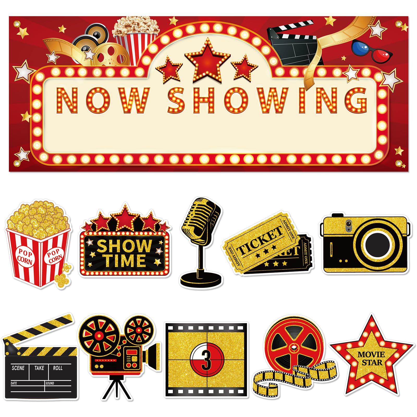 Photo 1 of 11 Pieces Movie Night Party Decorations Now Showing Banner Photography Background Movie Night Cutouts Double Sided Printing Red Carpet Clapboard Backdrop Cutout Party Cards Photo Booth Props Supplies