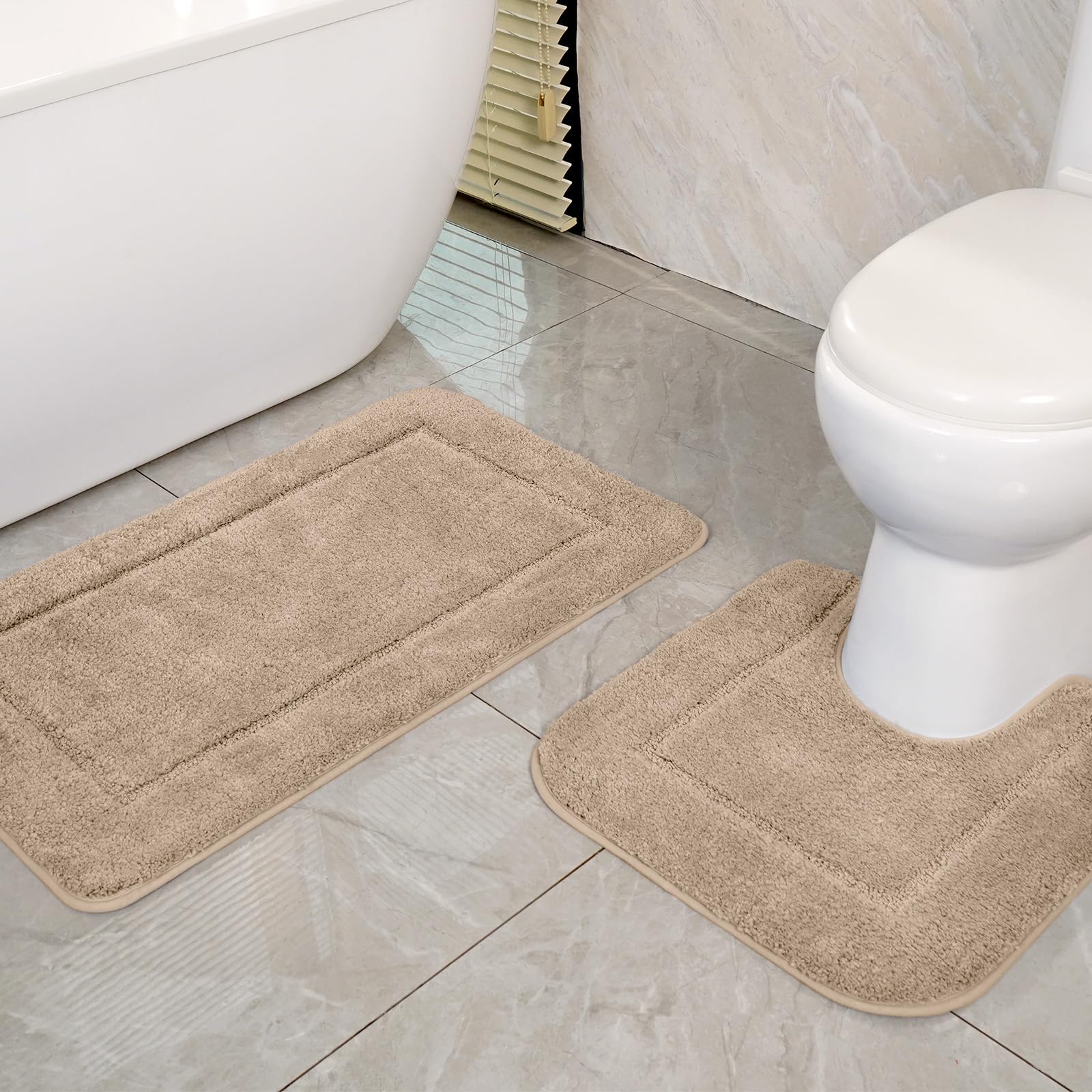 SOANNY Beige Bath Mat Set of 2, High Density Soft Microfiber Non-Slip Bathroom Mats with Water Absorbent, 53x86 cm Bathtub Rug & 50x50 cm Toilet Pedestal Carpet, Camel Rugs Machine Washable