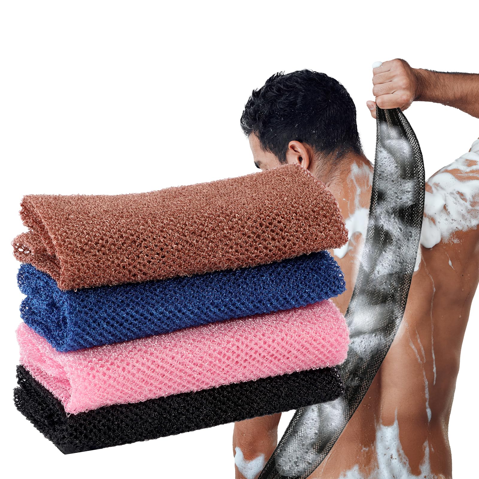 Hopton 4 Pcs African Net Sponge, African Wash Net, Long Nylon African Net, Bath Sponge, Body Scrubber, Deep Cleaning Wash Net Bathing Accessories for Removing Dead Skin, Exfoliate - 80x30cm