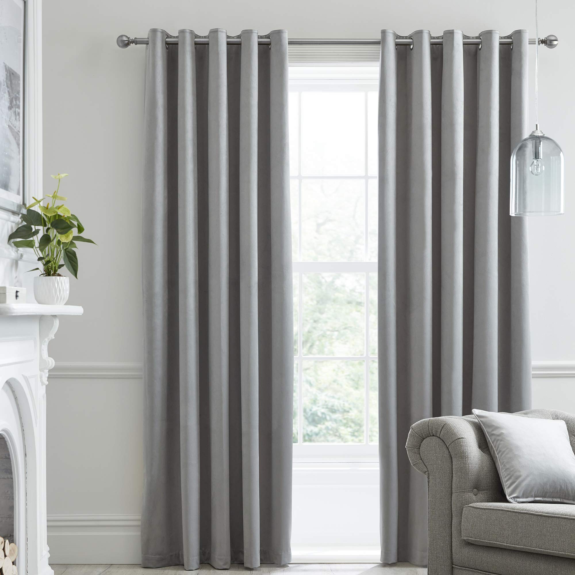 Laurence Llewelyn-Bowen Montrose Blackout, W46 x L72 (117 x 183cm), Velvet Living Room & Bedroom, Thermal/Eyelet Curtains, Suede, Silver/Light Grey