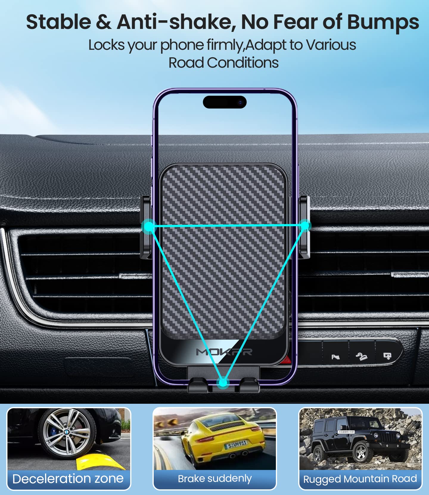 Wireless Car Charger, MOKPR 15W Fast Charging Auto-Clamping Car Mount Universal Hands-Free Car Charger Mount for Dash Windshield Air Vent Compatible with iPhone 16 15/14/13/12, Samsung S23/S22/S21,etc