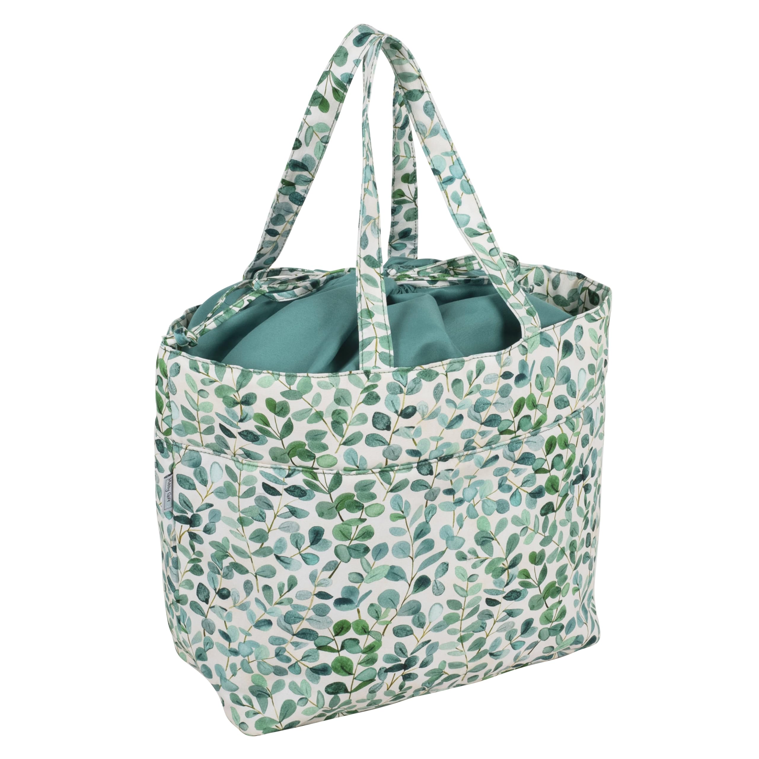 Hobby Gift Drawstring Large Knitting Bag - Crochet Bag Organiser Tote for Craft & Knitting Accessories, 100% Cotton & Multipurpose with Carry Handle for Travel - 39 x 32 x 32cm, Eucalyptus